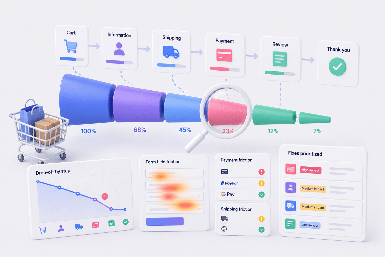 Checkout Friction Analysis. We find the exact steps losing customers at checkout