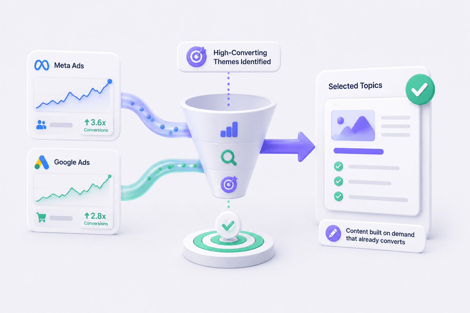Ad-Proven Topic Selection. We pick SEO topics using themes already proven on paid