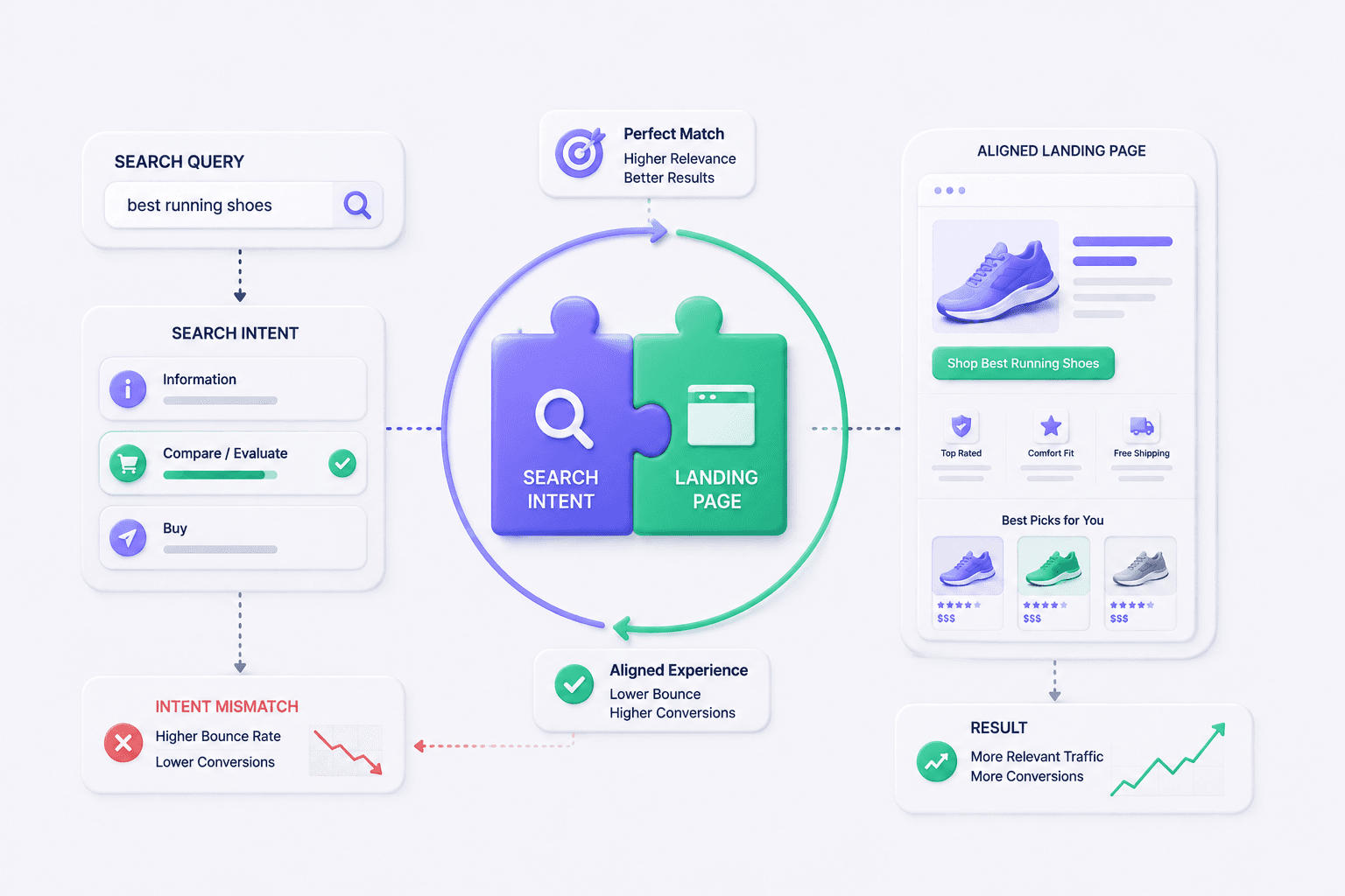 Search Intent Alignment. We match landing pages to what searchers actually want
